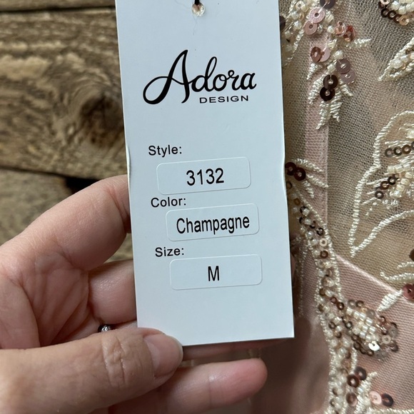 EMBROIDERED OFF SHOULDER CORSET SLIT GOWN BY ADORA 3132 in Champagne - Picture 8 of 8